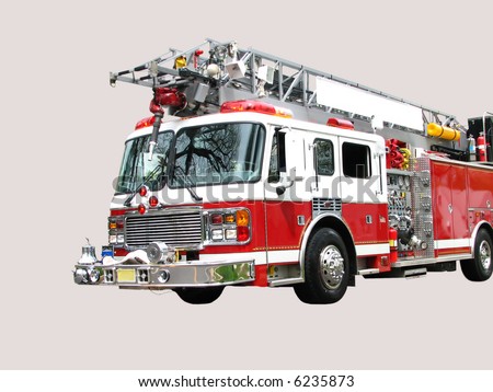 Front 3/4 view of red and white fire truck with hook and ladder isolated on light grey background. Blank white space for text on ladder used for town name in the original photo.