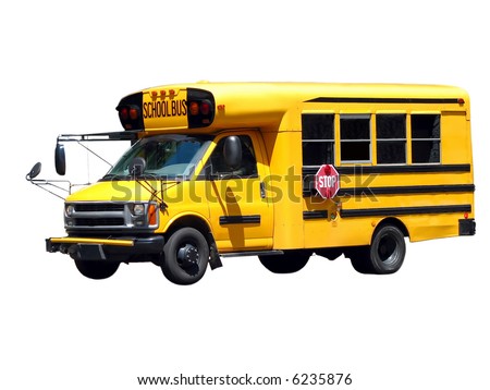 stock photo Yellow mini school bus side 3 4 view isolated on white 