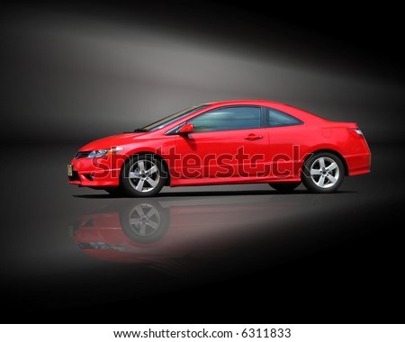 Red coupe sports car on gradient black background with detailed reflection.
