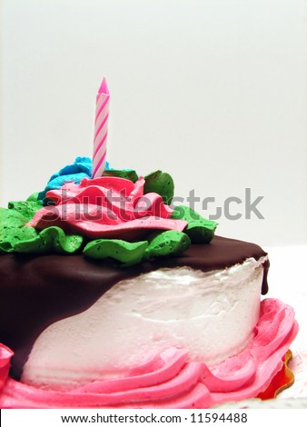 Close shot of decorated birthday cake with candle. Focus on the icing and candle with smooth background for easy isolation.