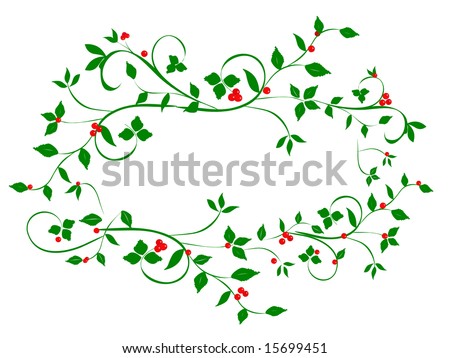 Christmas holly vines in abstract heart shape frame on white background.