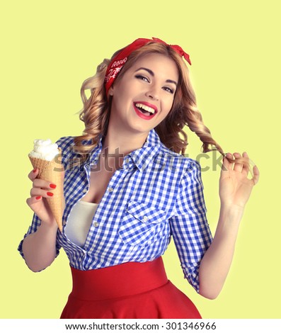 smiling blonde holds a wafer cone with ice cream in retro style