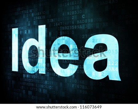 Brainstorm, thinking, idea concept: pixelated words Idea on digital screen, 3d render