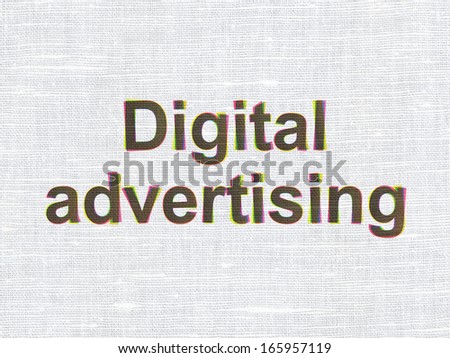 Marketing concept: CMYK Digital Advertising on linen fabric texture background, 3d render
