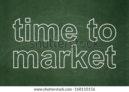 Timeline concept: text Time to Market on Green chalkboard background, 3d render