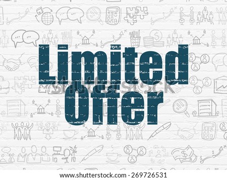 Business concept: Painted blue text Limited Offer on White Brick wall background with  Hand Drawn Business Icons, 3d render