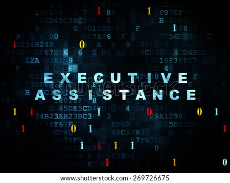Business concept: Pixelated blue text Executive Assistance on Digital wall background with Binary Code, 3d render