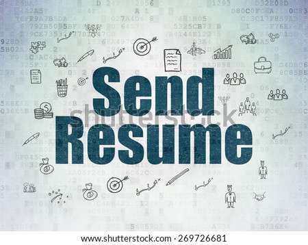 Business concept: Painted blue text Send Resume on Digital Paper background with  Hand Drawn Business Icons, 3d render