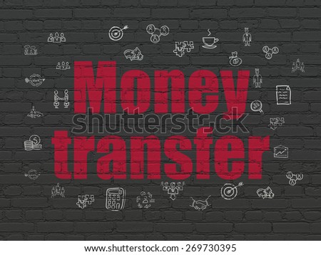 Business concept: Painted red text Money Transfer on Black Brick wall background with  Hand Drawn Business Icons, 3d render