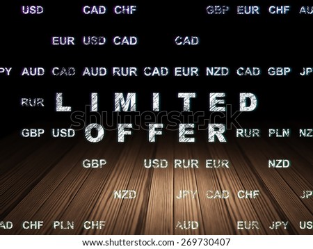 Business concept: Glowing Limited Offer icon in grunge dark room with Wooden Floor, black background with Currency, 3d render
