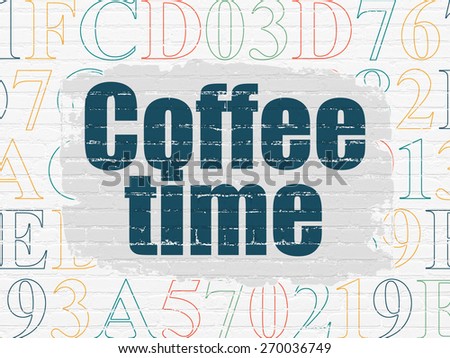 Timeline concept: Painted blue text Coffee Time on White Brick wall background with  Hexadecimal Code, 3d render