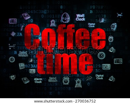 Timeline concept: Pixelated red text Coffee Time on Digital background with  Hand Drawing Time Icons, 3d render