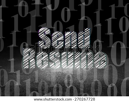 Business concept: Glowing text Send Resume in grunge dark room with Dirty Floor, black background with  Binary Code, 3d render