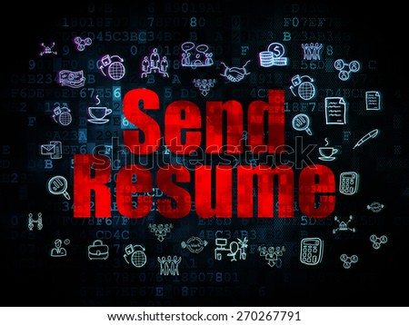 Business concept: Pixelated red text Send Resume on Digital background with  Hand Drawn Business Icons, 3d render