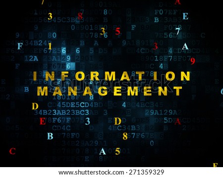 Information concept: Pixelated yellow text Information Management on Digital wall background with Hexadecimal Code, 3d render