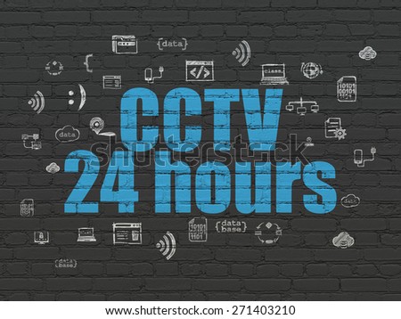 Safety concept: Painted blue text CCTV 24 hours on Black Brick wall background with  Hand Drawn Programming Icons, 3d render