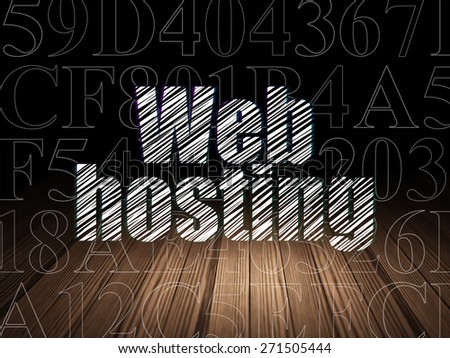 Web development concept: Glowing text Web Hosting in grunge dark room with Wooden Floor, black background with  Hexadecimal Code, 3d render