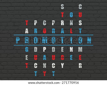 Marketing concept: Painted blue word Promotion in solving Crossword Puzzle, 3d render