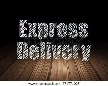 Business concept: Glowing text Express Delivery in grunge dark room with Wooden Floor, black background, 3d render