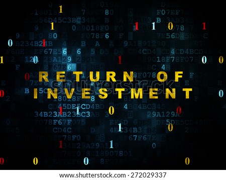 Business concept: Pixelated yellow text Return of Investment on Digital wall background with Binary Code, 3d render