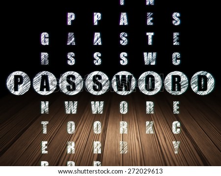 Security concept: Glowing word Password in solving Crossword Puzzle in grunge dark room with Wooden Floor, black background, 3d render