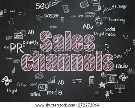 Advertising concept: Chalk Pink text Sales Channels on School Board background with Scheme Of Hand Drawn Marketing Icons, 3d render
