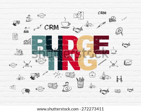 Finance concept: Painted multicolor text Budgeting on White Brick wall background with  Hand Drawn Business Icons, 3d render
