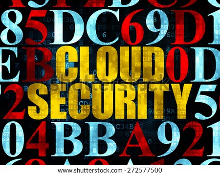 Protection concept: Pixelated yellow text Cloud Security on Digital wall background with Hexadecimal Code, 3d render