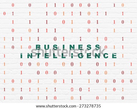 Finance concept: Painted green text Business Intelligence on White Brick wall background with Binary Code, 3d render