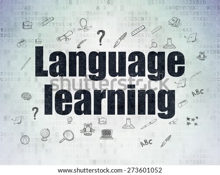 Education concept: Painted black text Language Learning on Digital Paper background with  Hand Drawn Education Icons, 3d render
