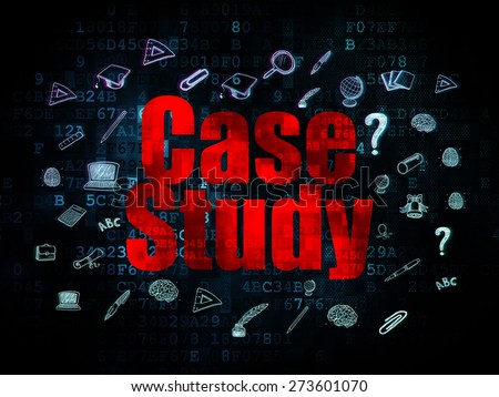 Education concept: Pixelated red text Case Study on Digital background with  Hand Drawn Education Icons, 3d render