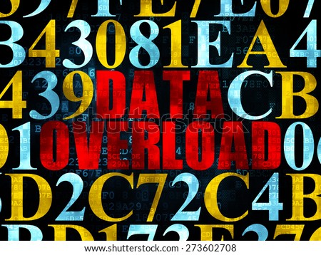 Data concept: Pixelated red text Data Overload on Digital wall background with Hexadecimal Code, 3d render