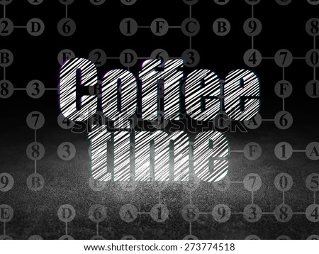 Time concept: Glowing text Coffee Time in grunge dark room with Dirty Floor, black background with Scheme Of Hexadecimal Code, 3d render