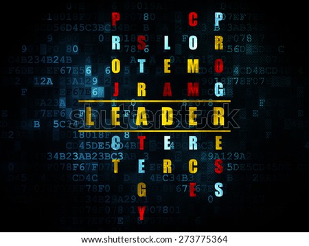 Finance concept: Pixelated yellow word Leader in solving Crossword Puzzle on Digital background, 3d render