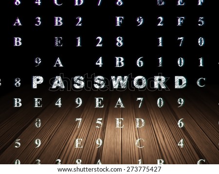 Security concept: Glowing text Password in grunge dark room with Wooden Floor, black background with Hexadecimal Code, 3d render