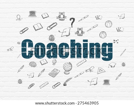 Education concept: Painted blue text Coaching on White Brick wall background with  Hand Drawn Education Icons, 3d render