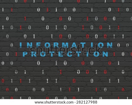 Protection concept: Painted blue text Information Protection on Black Brick wall background with Binary Code, 3d render