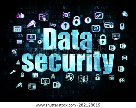Protection concept: Pixelated blue text Data Security on Digital background with  Hand Drawn Security Icons, 3d render