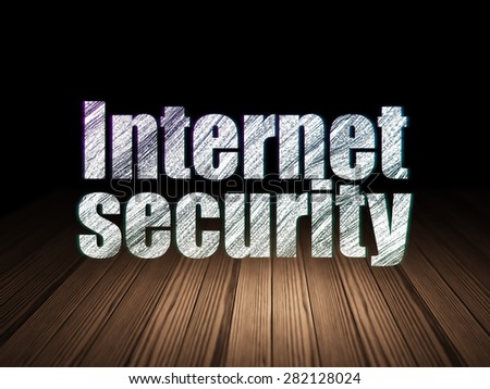 Privacy concept: Glowing text Internet Security in grunge dark room with Wooden Floor, black background, 3d render