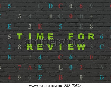 Timeline concept: Painted green text Time for Review on Black Brick wall background with Hexadecimal Code, 3d render