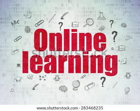 Learning concept: Painted red text Online Learning on Digital Paper background with  Hand Drawn Education Icons, 3d render