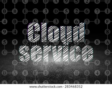 Cloud technology concept: Glowing text Cloud Service in grunge dark room with Dirty Floor, black background with Scheme Of Hexadecimal Code, 3d render