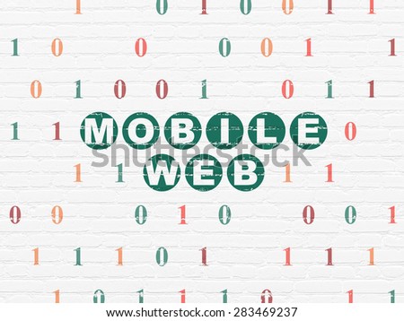 Web design concept: Painted green text Mobile Web on White Brick wall background with Binary Code, 3d render
