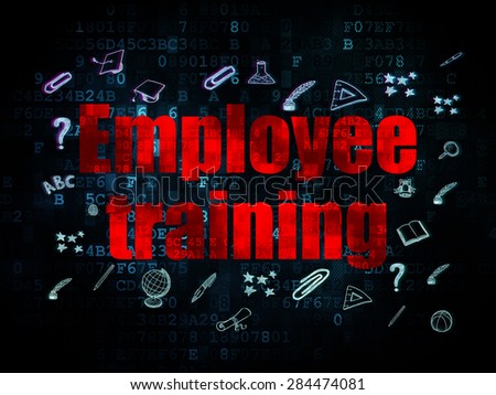 Learning concept: Pixelated red text Employee Training on Digital background with  Hand Drawn Education Icons, 3d render