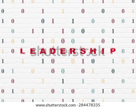 Business concept: Painted red text Leadership on White Brick wall background with Binary Code, 3d render