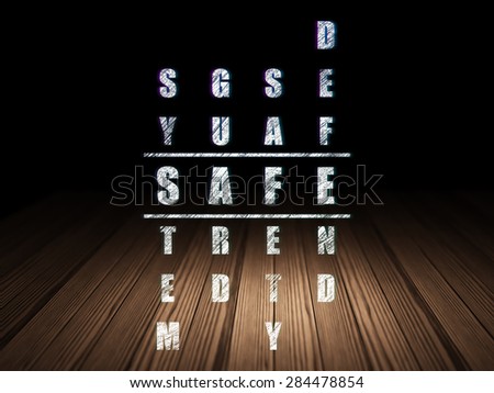 Privacy concept: Glowing word Safe in solving Crossword Puzzle in grunge dark room with Wooden Floor, black background, 3d render
