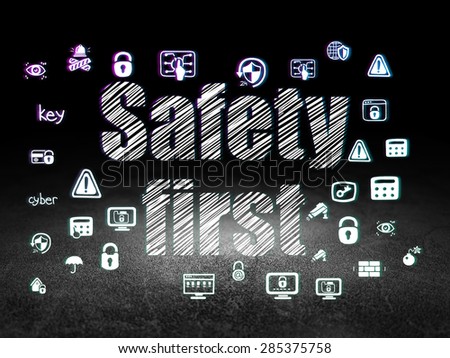 Protection concept: Glowing text Safety First,  Hand Drawn Security Icons in grunge dark room with Dirty Floor, black background, 3d render