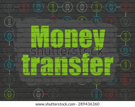 Business concept: Painted green text Money Transfer on Black Brick wall background with Scheme Of Binary Code, 3d render