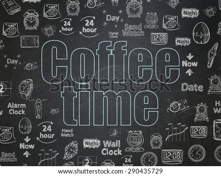 Timeline concept: Chalk Blue text Coffee Time on School Board background with  Hand Drawing Time Icons, 3d render