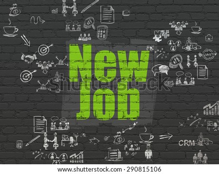 Business concept: Painted green text New Job on Black Brick wall background with Scheme Of Hand Drawn Business Icons, 3d render